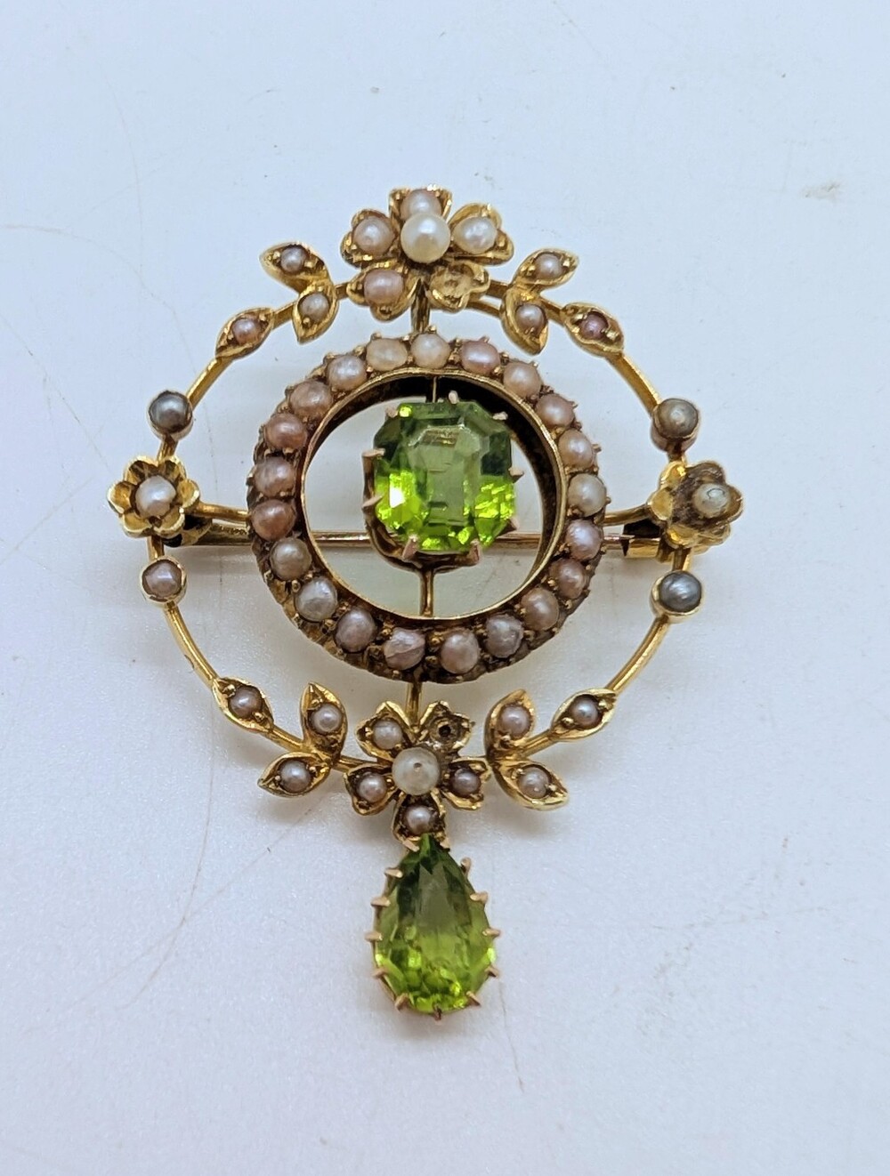 Antique 18k Yellow Gold Pearl Seedling & Peridot Green Drop Brooch/ Pendant